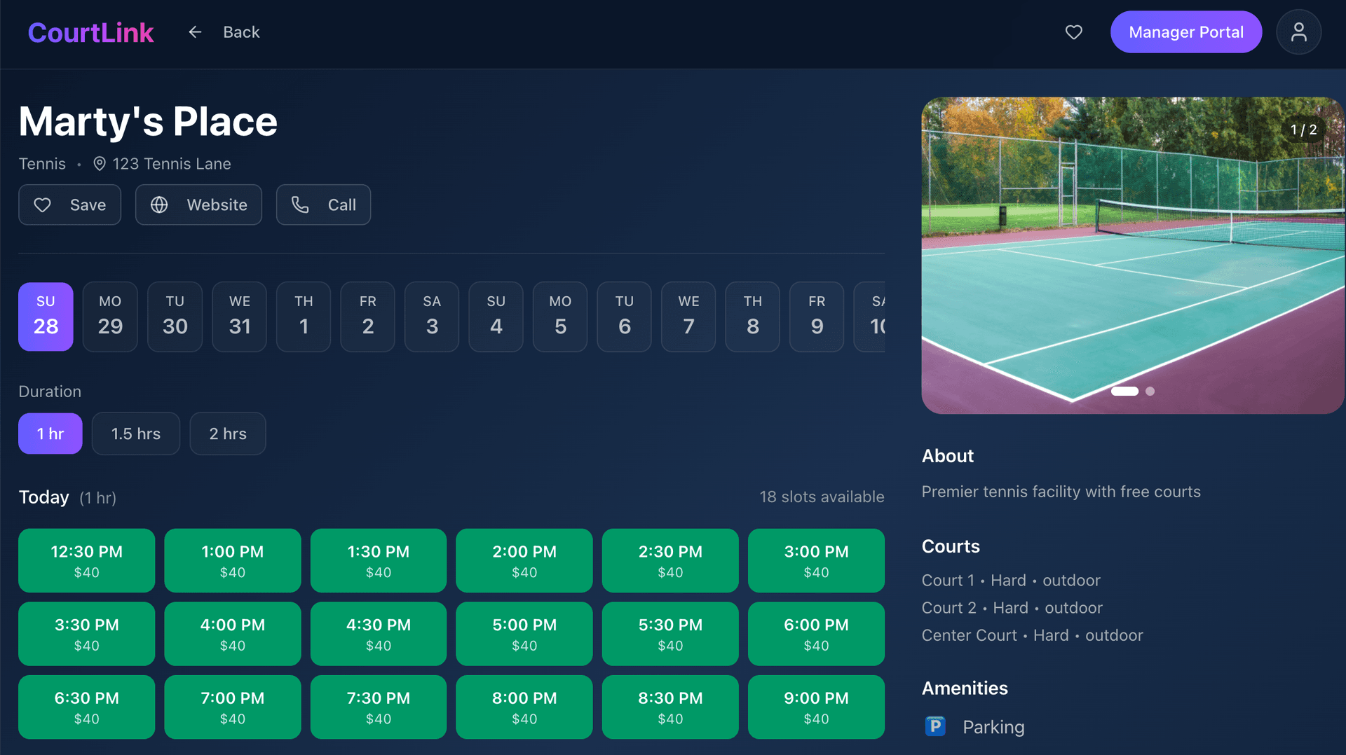CourtLink venue detail page