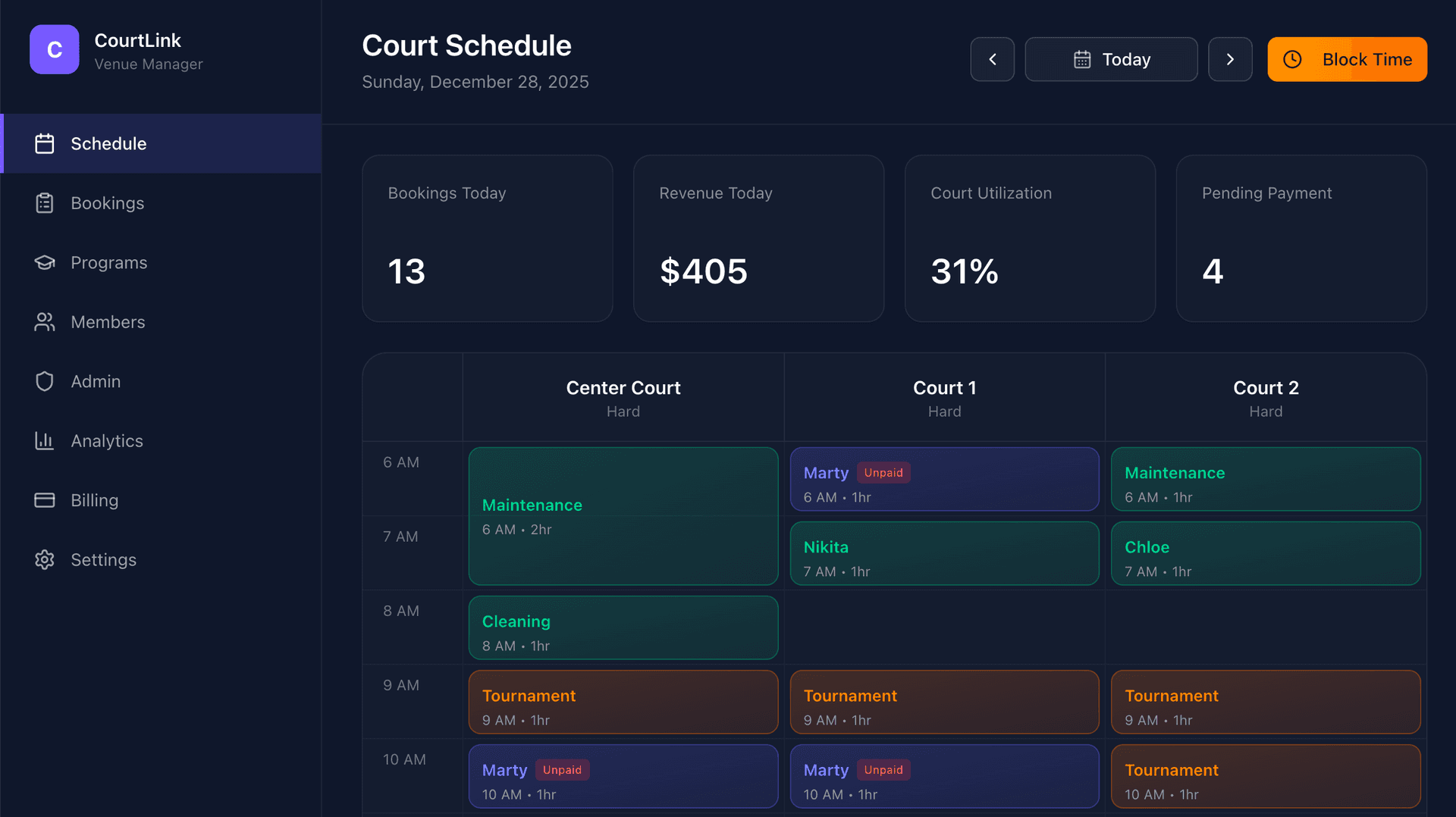 CourtLink OS manager dashboard